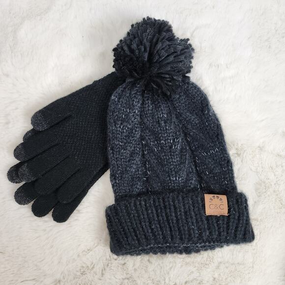 C&C California Black Silver Confetti Cable Knit Beanie Hat & Touch Gloves Set